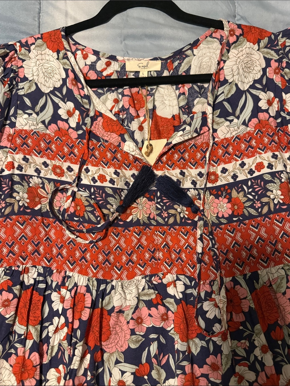 Women's Navy Floral Top with Red and White Accents - Picture 4 of 7